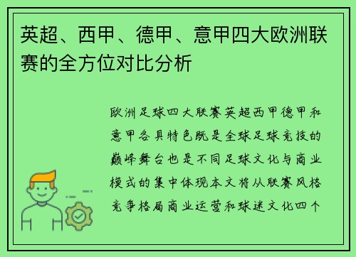 英超、西甲、德甲、意甲四大欧洲联赛的全方位对比分析