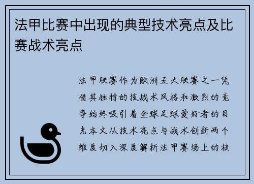 法甲比赛中出现的典型技术亮点及比赛战术亮点